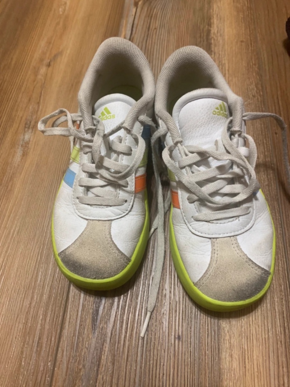 adidas Kids White Sneakers with Neon Yellow, Blue & Orange Accents